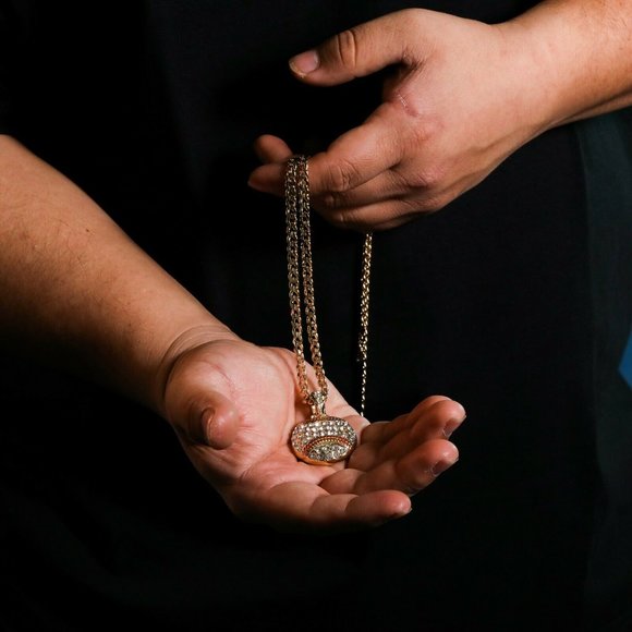 Men's 14k Gold Baseball Stamped Pendant + Cuban Necklace Iced - Picture 4 of 4